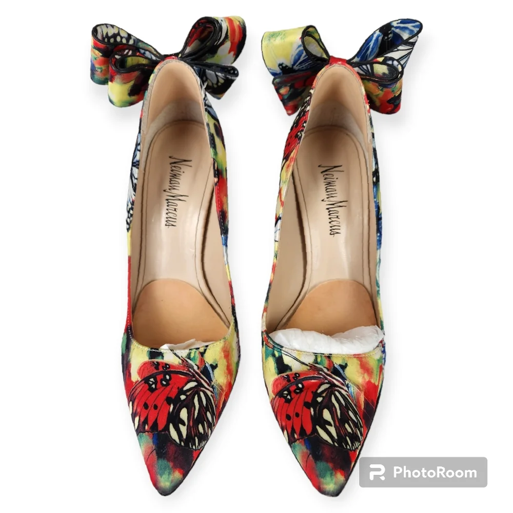 Neiman Marcus Multicolor Butterfly Print Bow Accent Pumps - Picture 13 of 16
